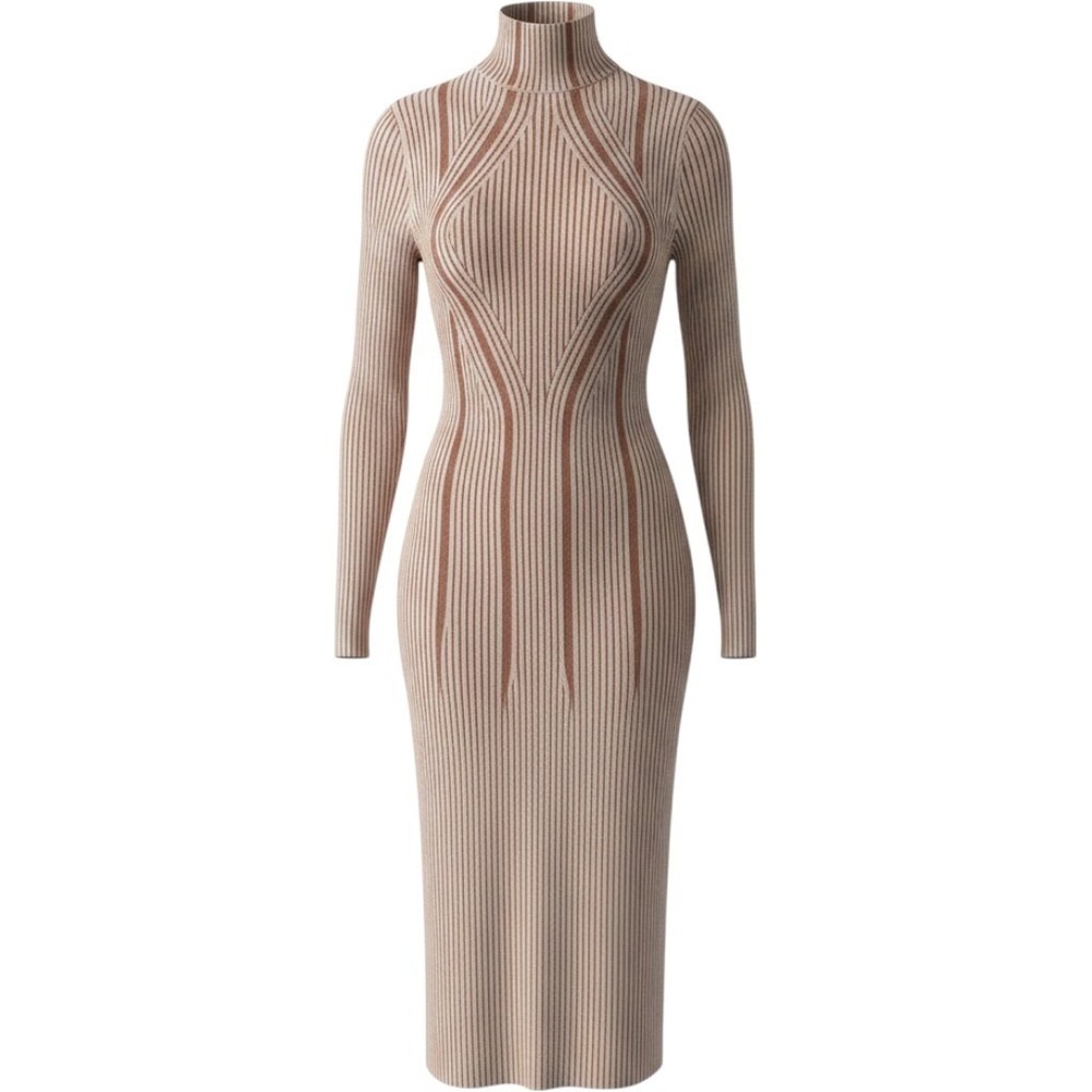 Blue Orchid Ribbed Knit Sweater Dress Tan Brown Mock Neck Midi Long Sleeve L